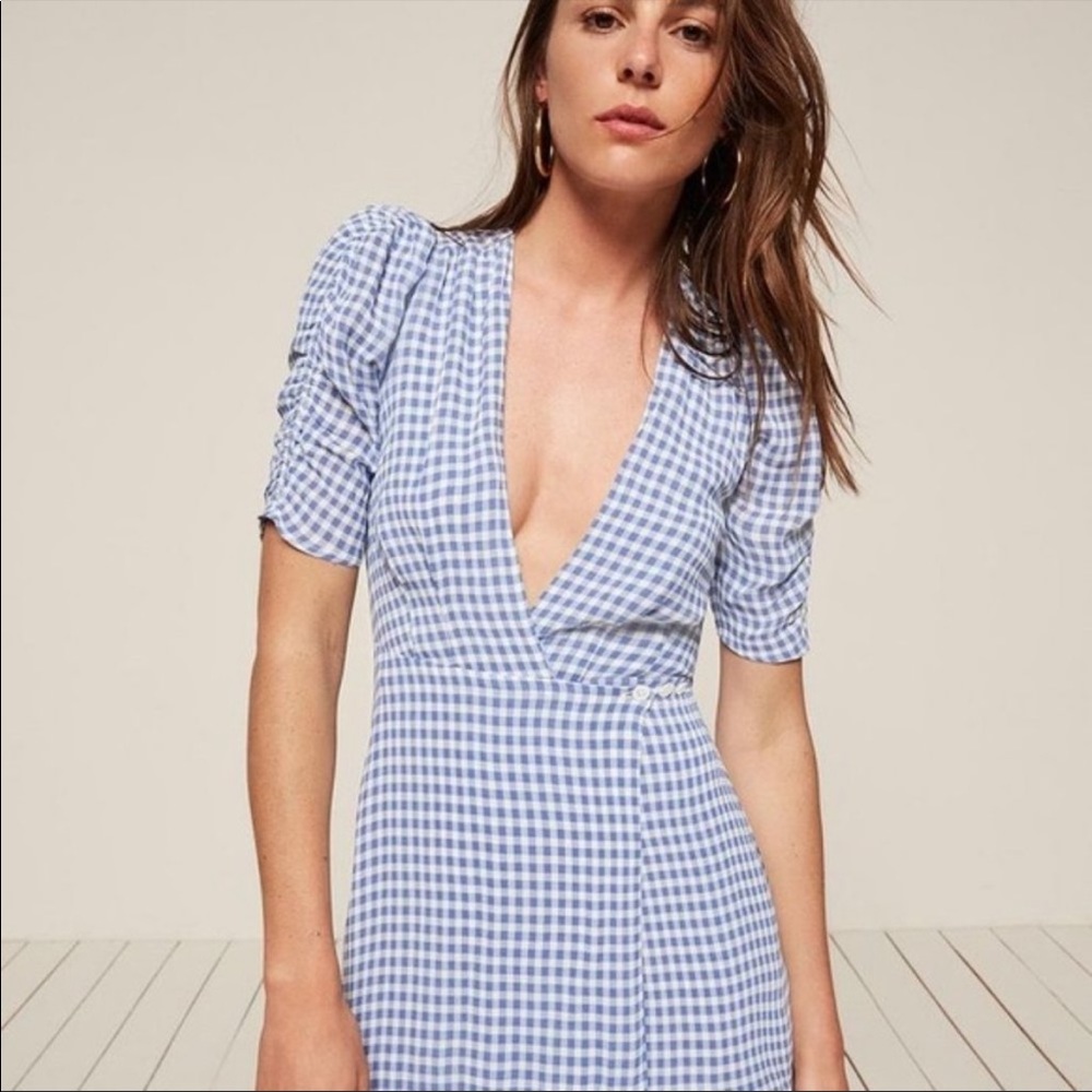 Reformation Light Blue Button Wrap Dress